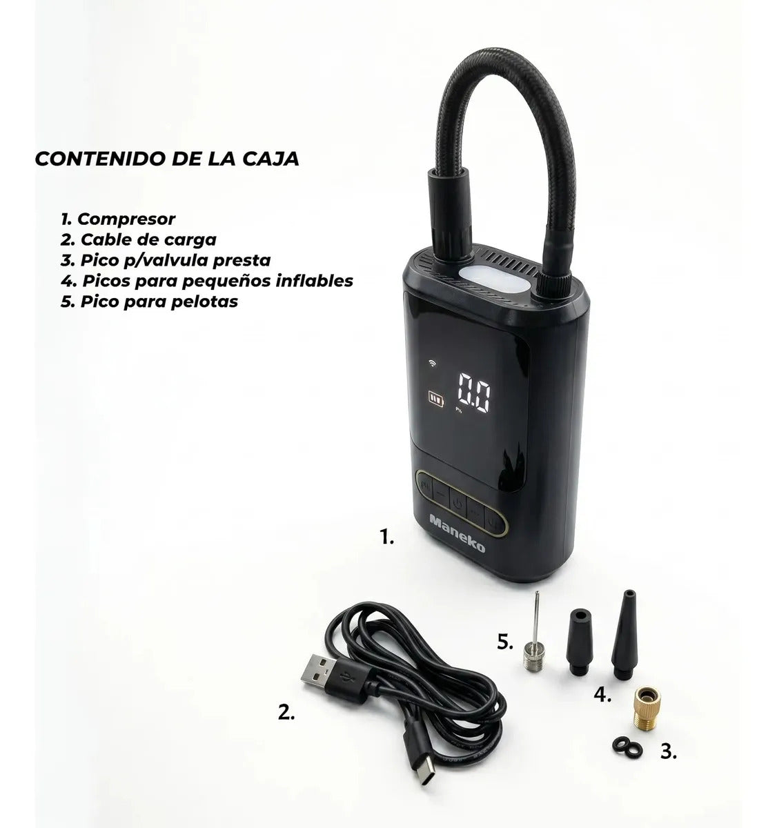Inflador Compresor de Aire Portátil Inalámbrico Maneko para Auto, Moto y Bici con Powerbank y Luz LED