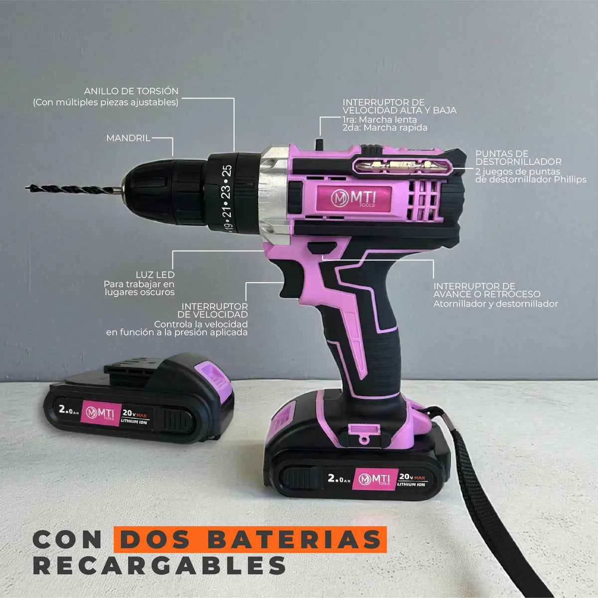 Taladro Atornillador Percutor 20v 2 Baterías Kit Completo Portatil Inalambrico Rosa