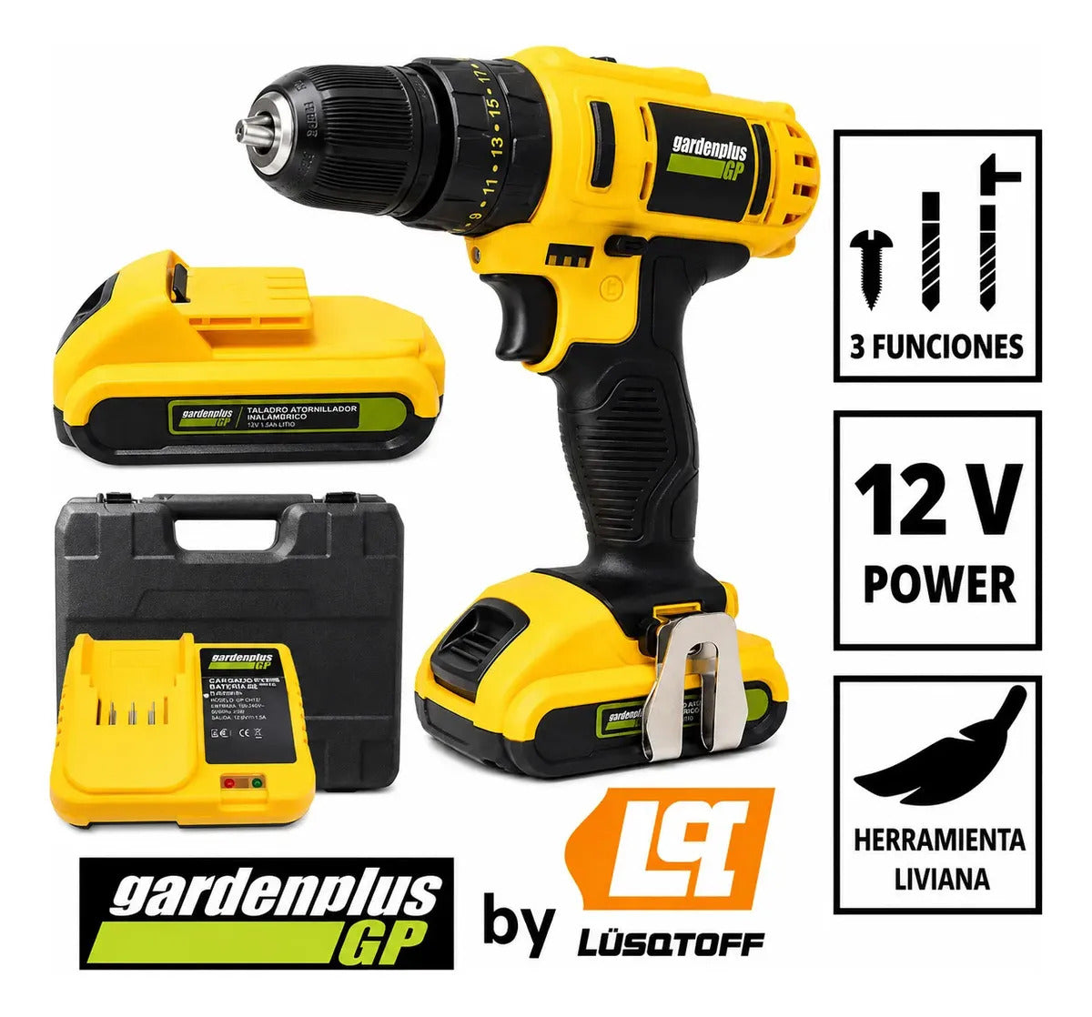 Taladro Atornillador Percutor Gp Garden Plus De Lusqtoff + 2 Baterias Inalambrico Mandril 10mm Con Regulador De Torque