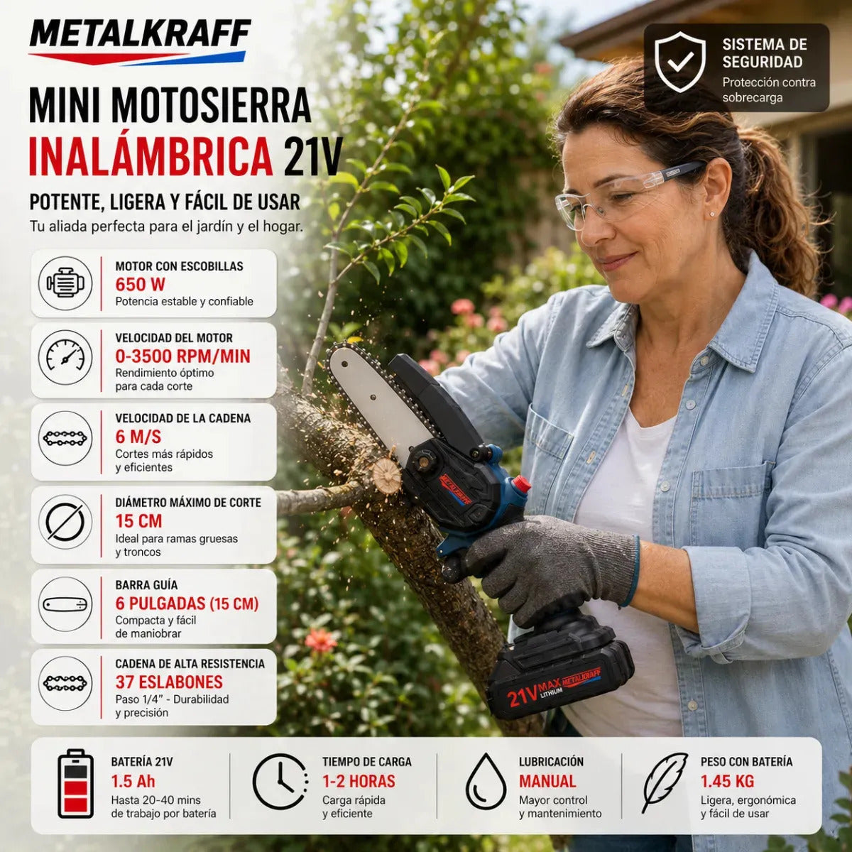 Motosierra Inalámbrica Metalkraff 21v - 2 Baterías 2 Cadenas