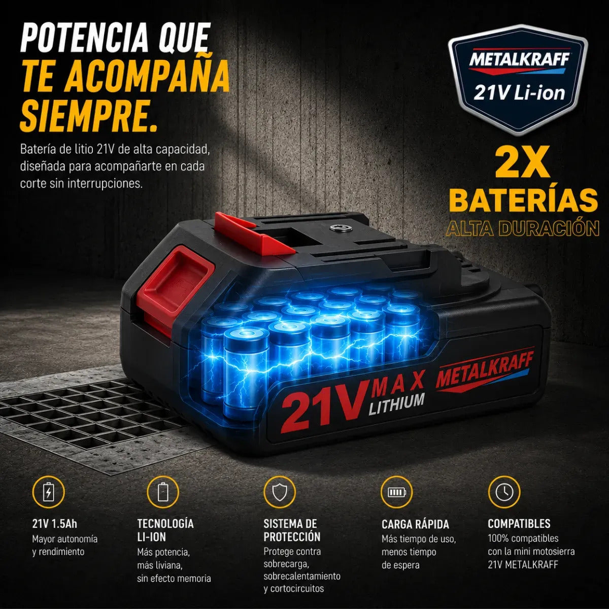 Motosierra Inalámbrica Metalkraff 21v - 2 Baterías 2 Cadenas