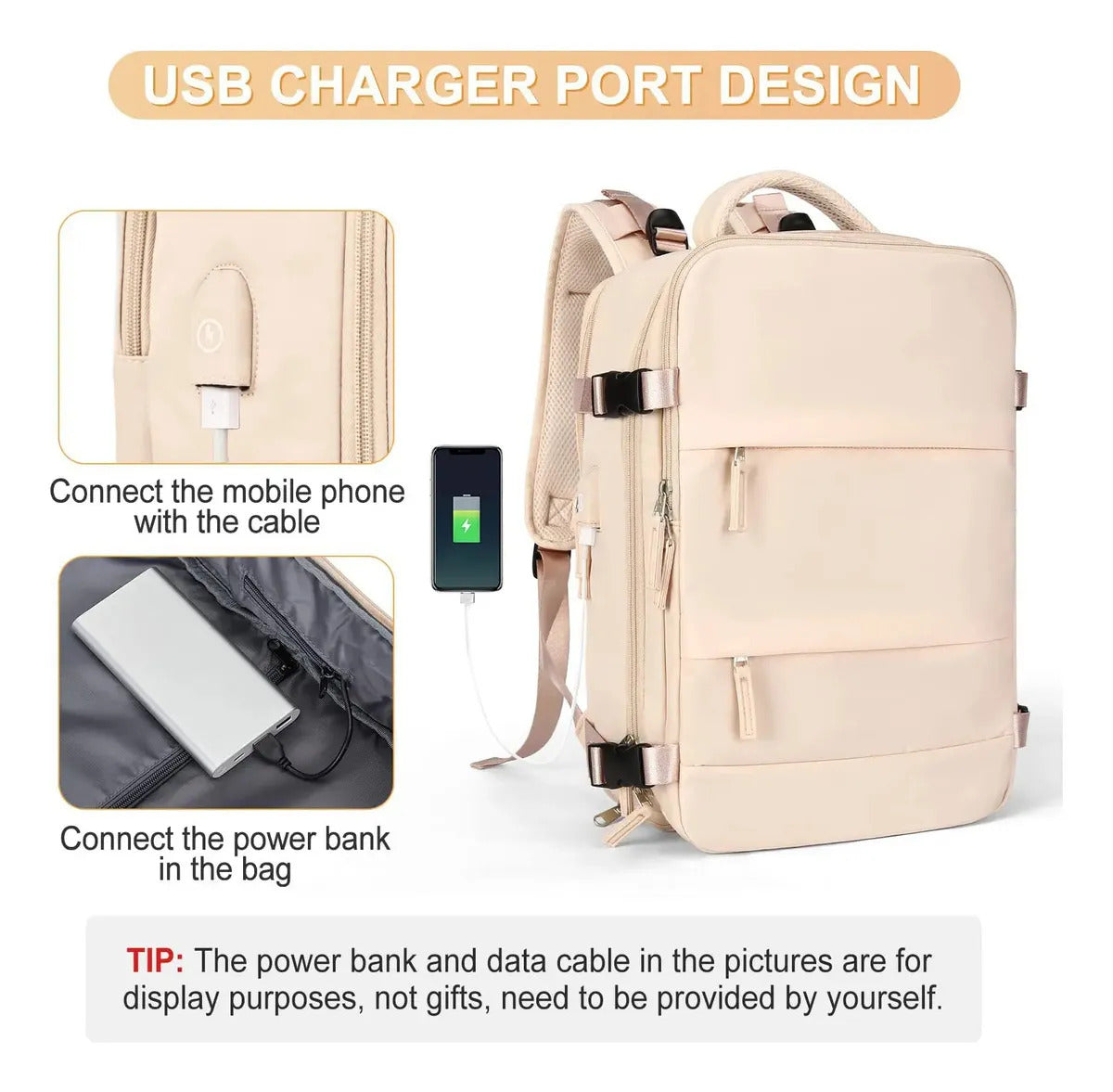 Mochila Viaje Carry On Compartimientos Usb Impermeable Viral Color Crema Diseño de la tela Liso