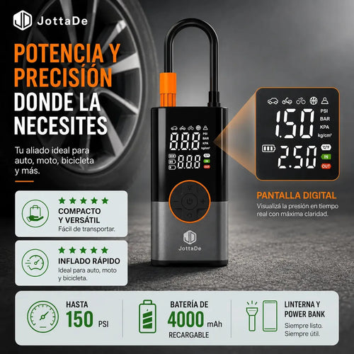 Compresor De Aire Portátil Jd Air Master 150 Psi Inflador Neumáticos Moto Bicicleta Inflables Pelotas Linterna Cargador De Celular Color Negro