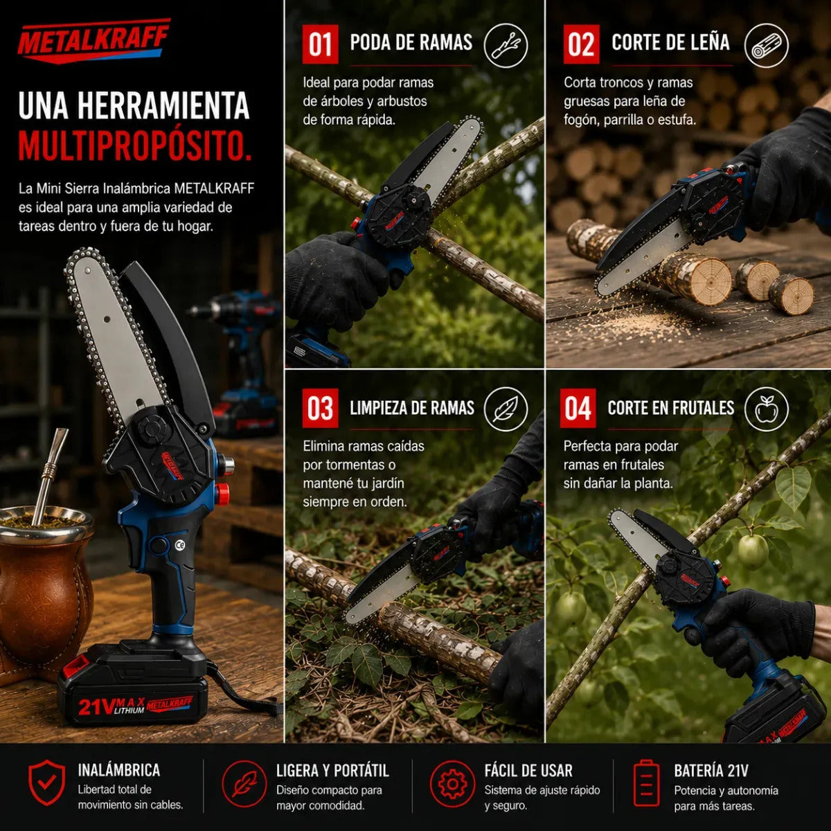 Motosierra Inalámbrica Metalkraff 21v - 2 Baterías 2 Cadenas