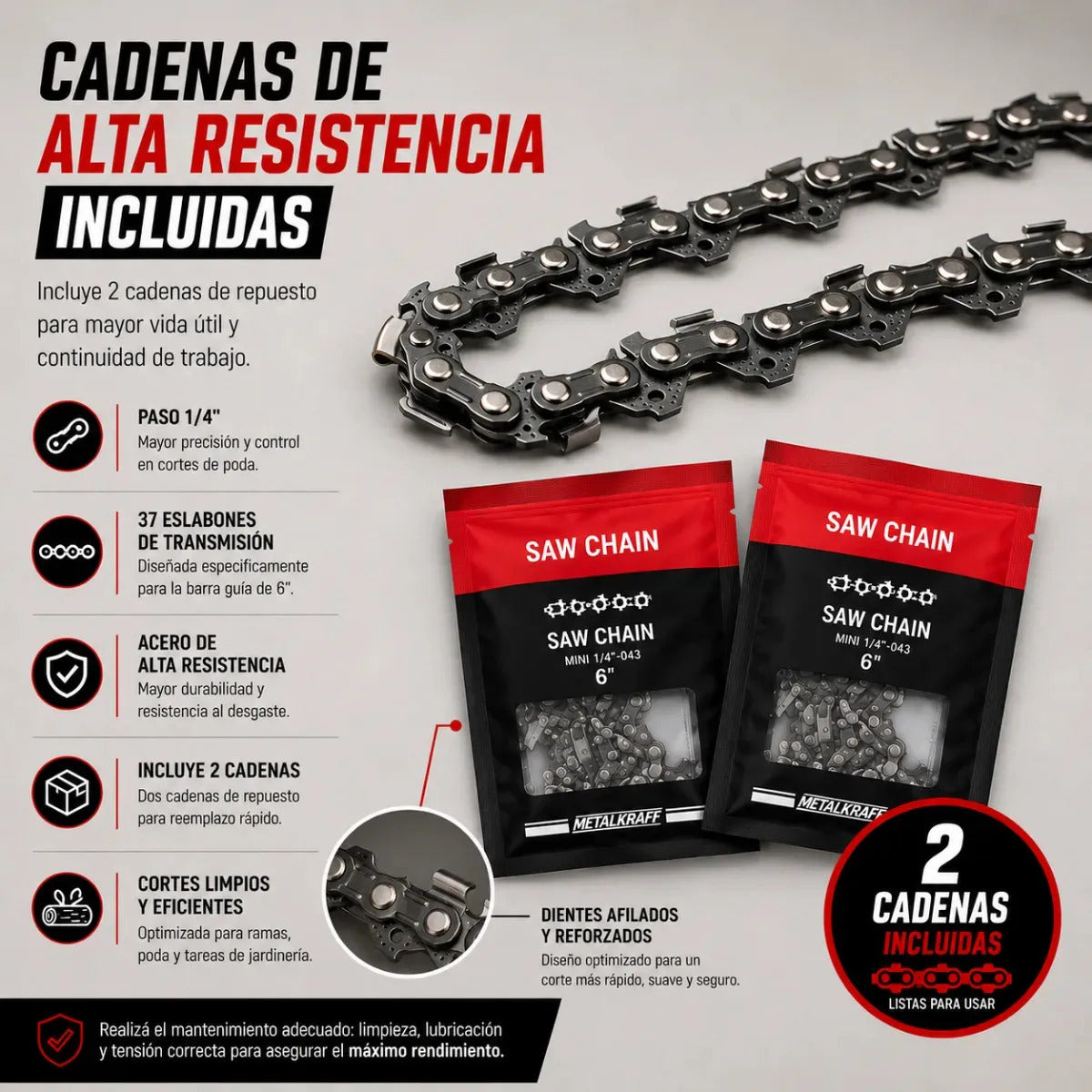 Motosierra Inalámbrica Metalkraff 21v - 2 Baterías 2 Cadenas
