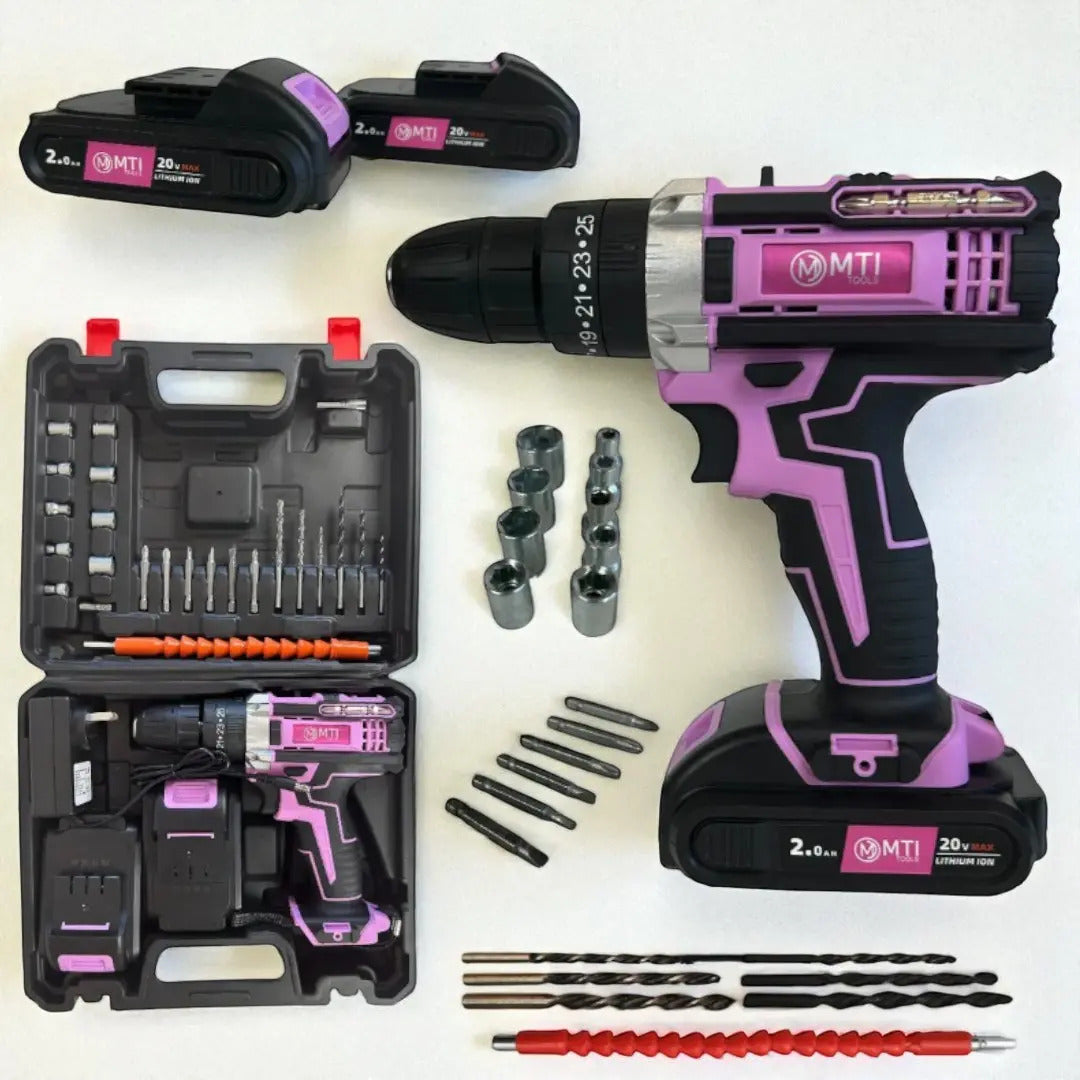 Taladro Atornillador Percutor 20v 2 Baterías Kit Completo Portatil Inalambrico Rosa