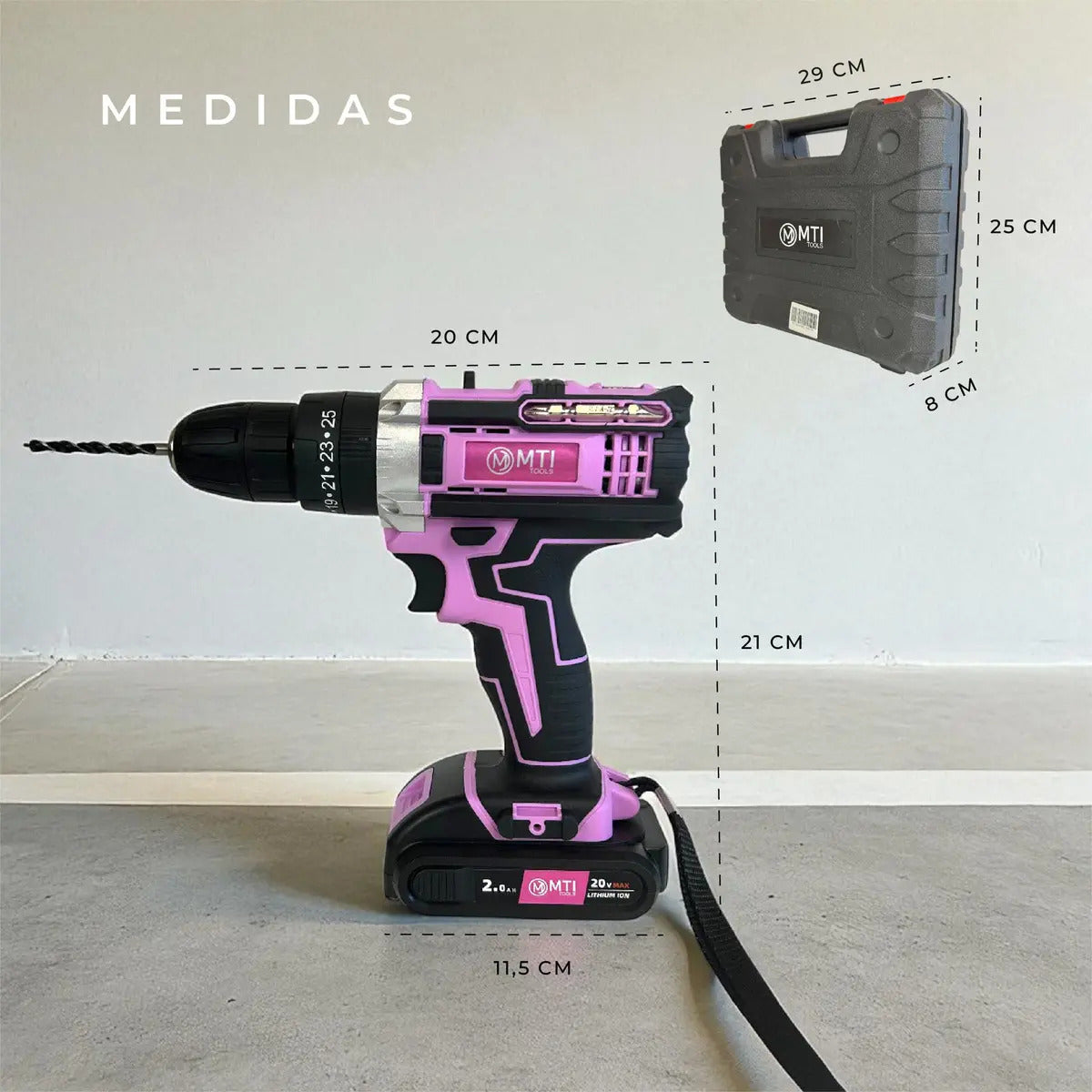 Taladro Atornillador Percutor 20v 2 Baterías Kit Completo Portatil Inalambrico Rosa
