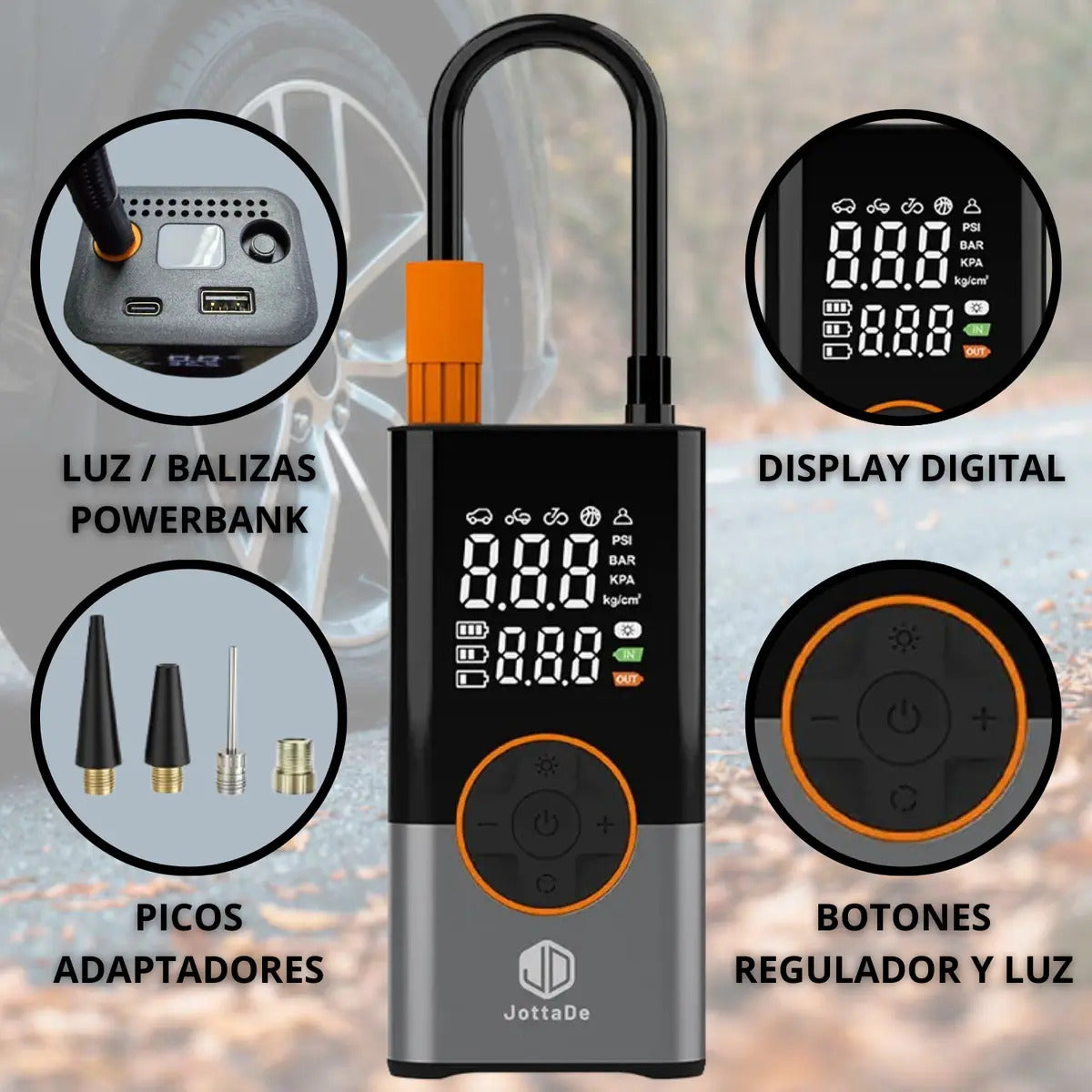 Compresor De Aire Portátil Jd Air Master 150 Psi Inflador Neumáticos Moto Bicicleta Inflables Pelotas Linterna Cargador De Celular Color Negro