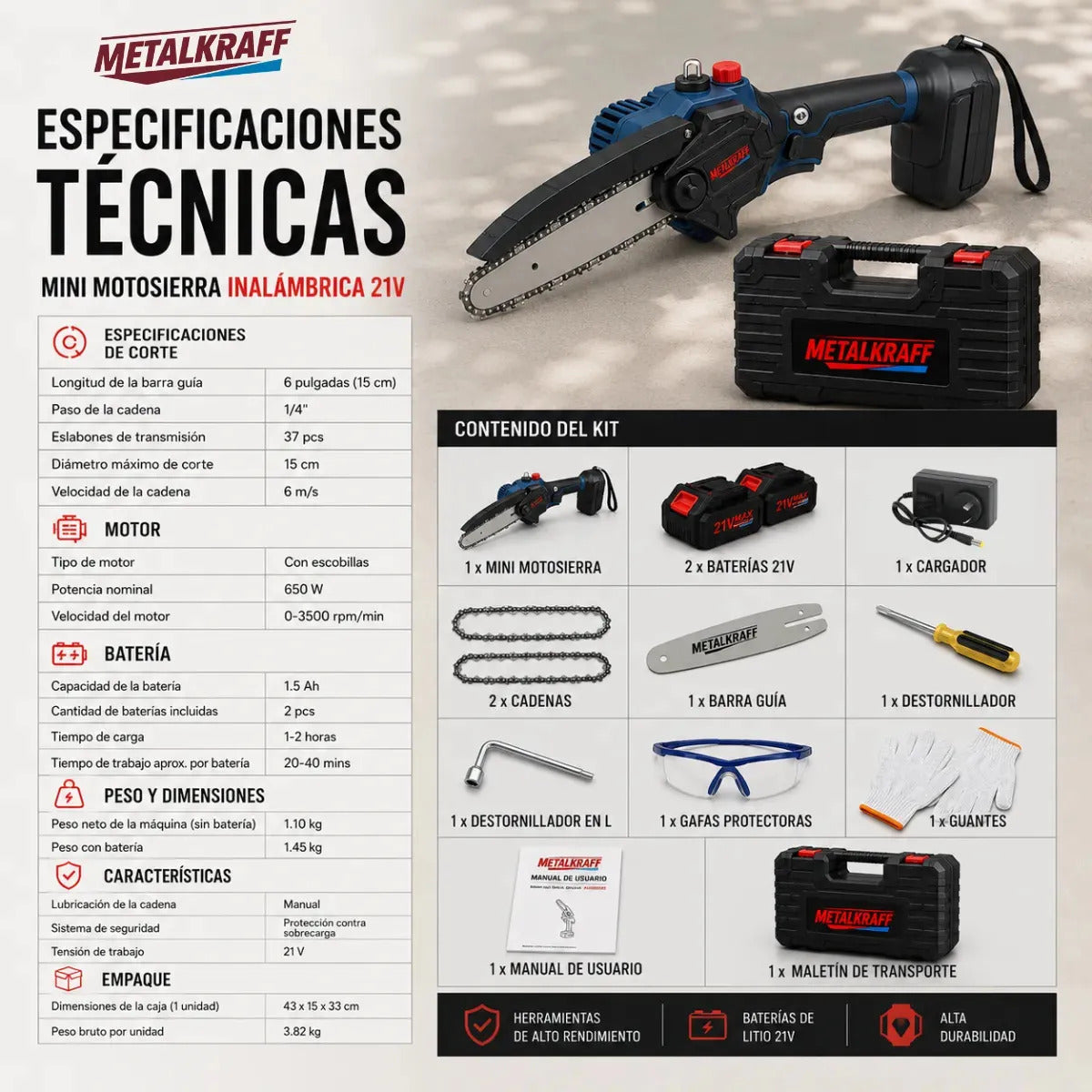 Motosierra Inalámbrica Metalkraff 21v - 2 Baterías 2 Cadenas